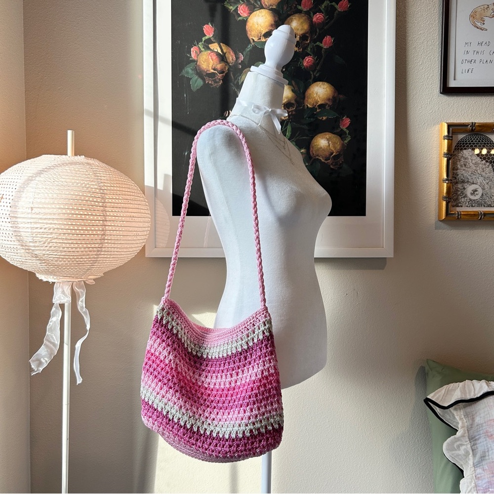 Lina Pink Striped Crochet Shoulder Bag Zipper Accent Medium Purse
